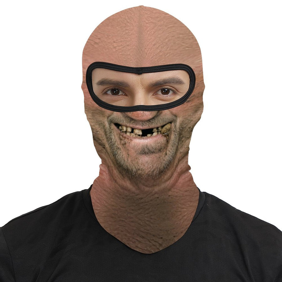 Toothless Tom funny face balaclava, worn without glasses, real eyes visible through the opening