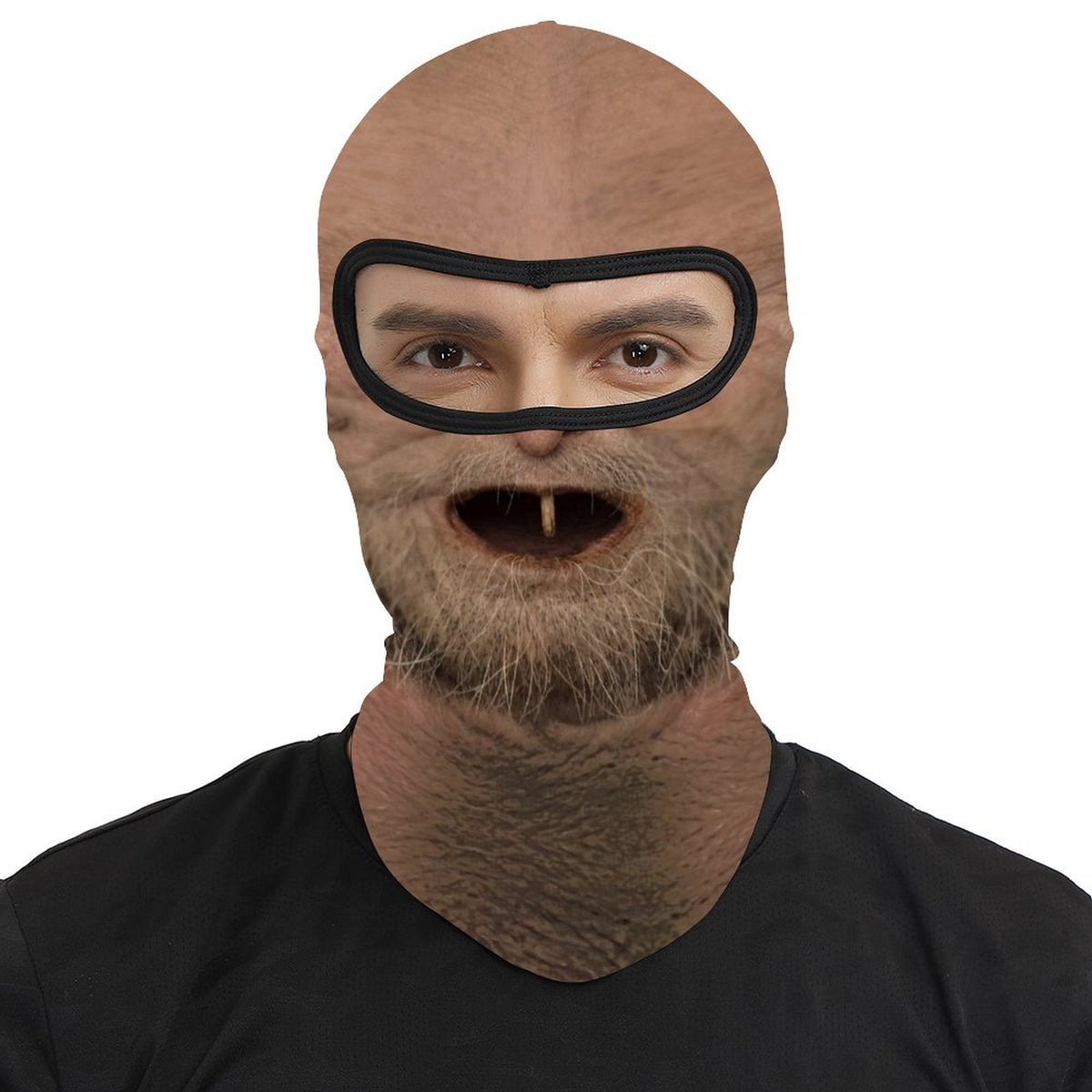 One Tooth Willie funny face balaclava, printed dropped jaw, one tooth and scruffy beard, worn by a man, front view, eyes visible through the open eye band