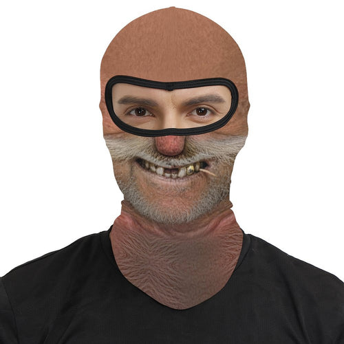 Big Stache Bubba funny face balaclava, printed white handlebar mustache and gold tooth, worn by a man, front view, eyes visible through the open eye band