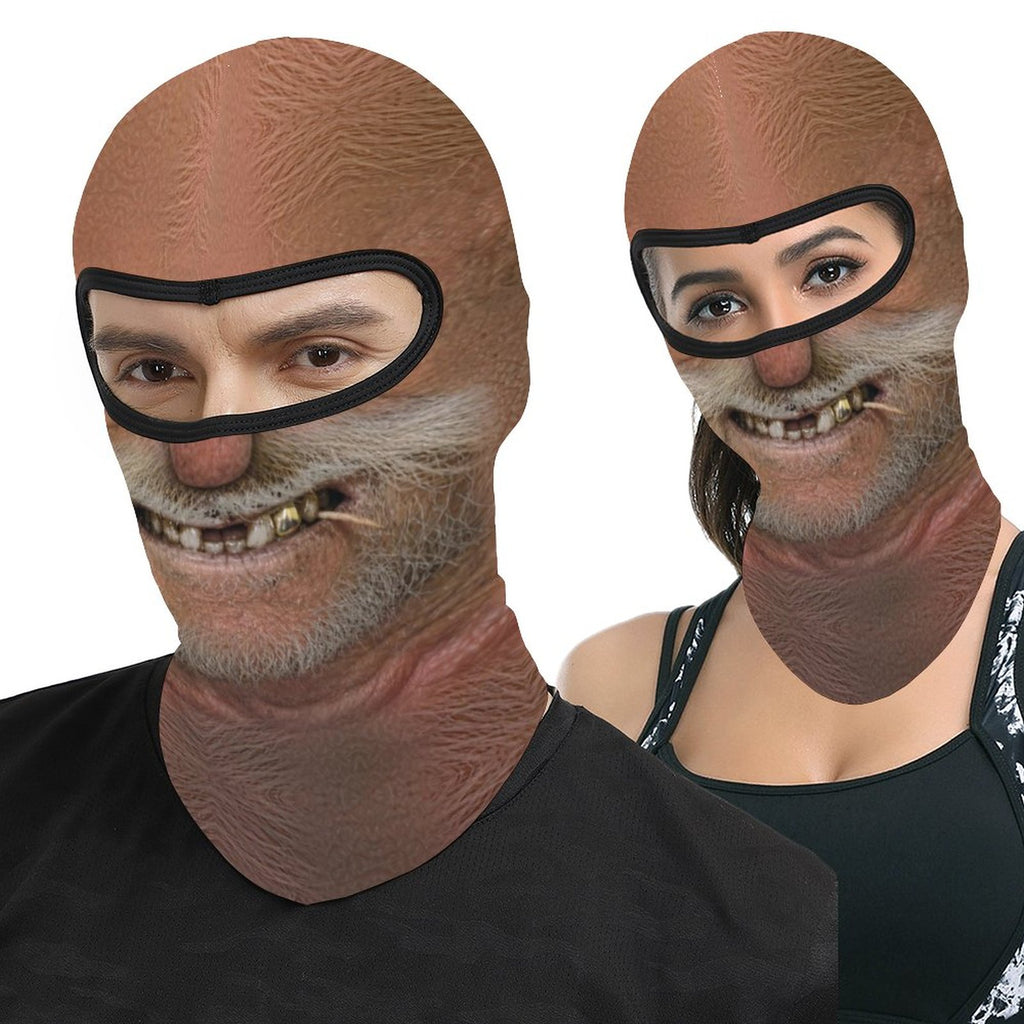 Big Stache Bubba funny face balaclava, printed white handlebar mustache and gold tooth, close-up on a man and a woman wearing it, open eye band