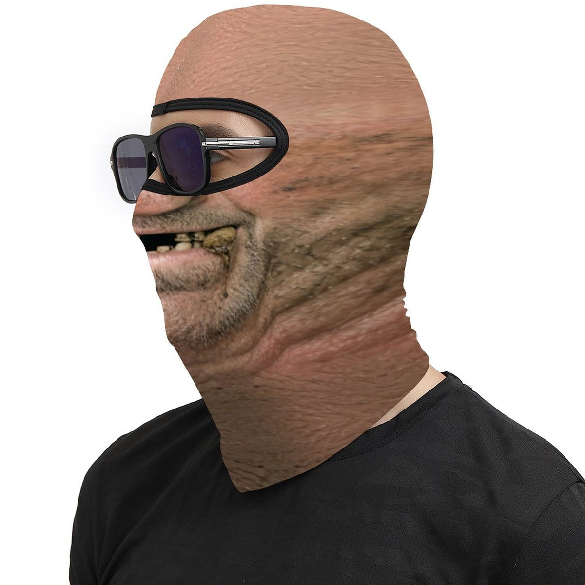 Toothless Tom funny face balaclava, printed gap-toothed grin, worn with sunglasses, side profile