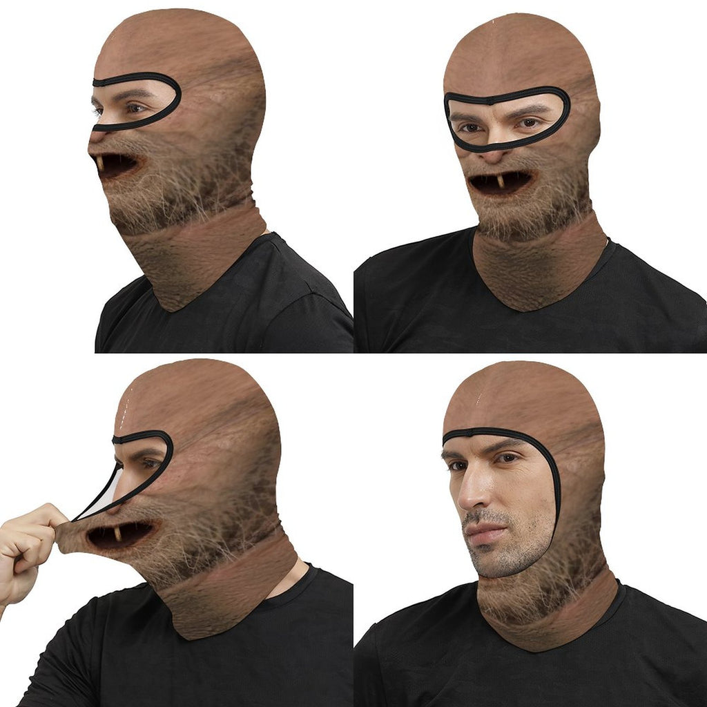 One Tooth Willie funny face balaclava, printed dropped jaw, one tooth and scruffy beard, four views: side, three-quarter, stretched by hand and back