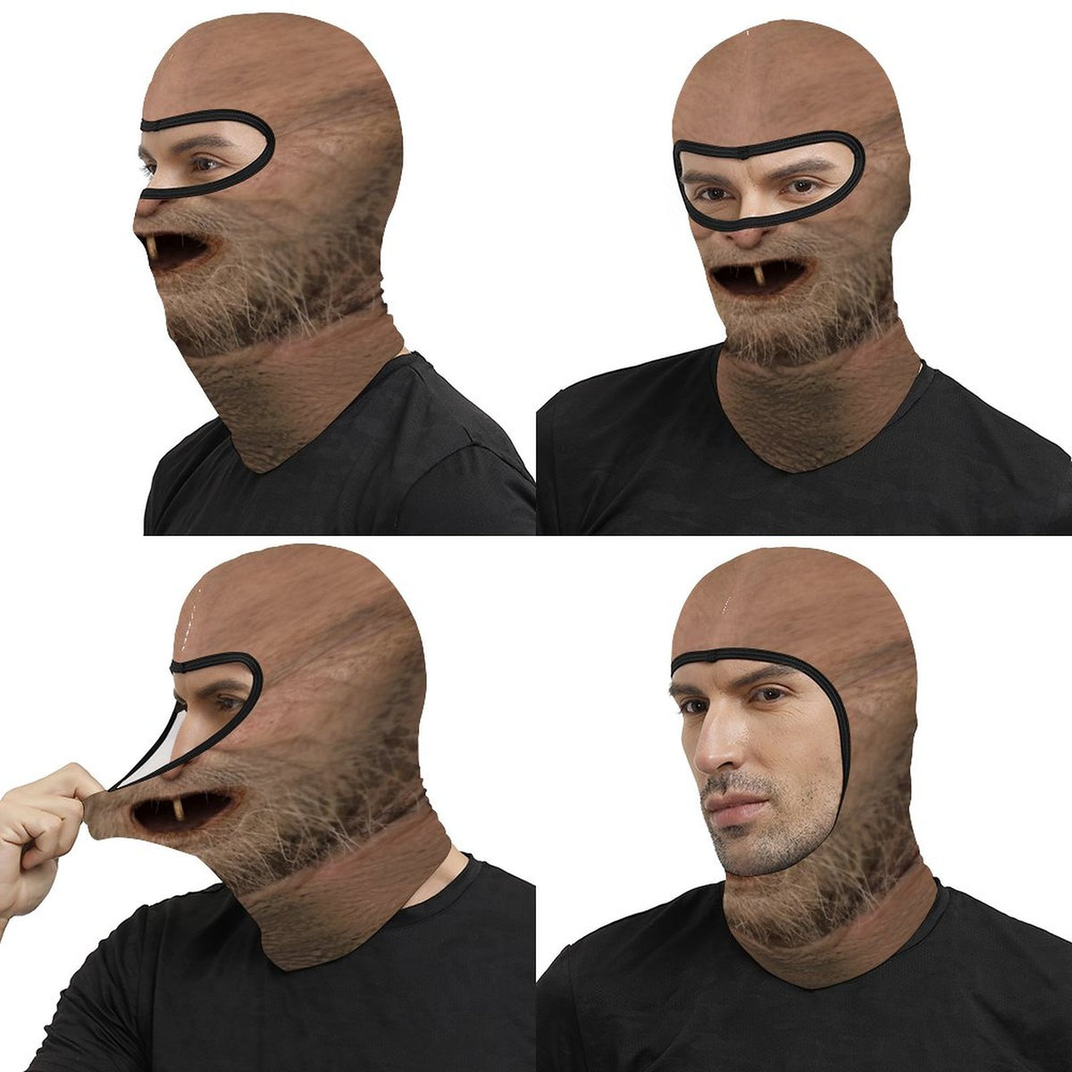 One Tooth Willie funny face balaclava, printed dropped jaw, one tooth and scruffy beard, four views: side, three-quarter, stretched by hand and back