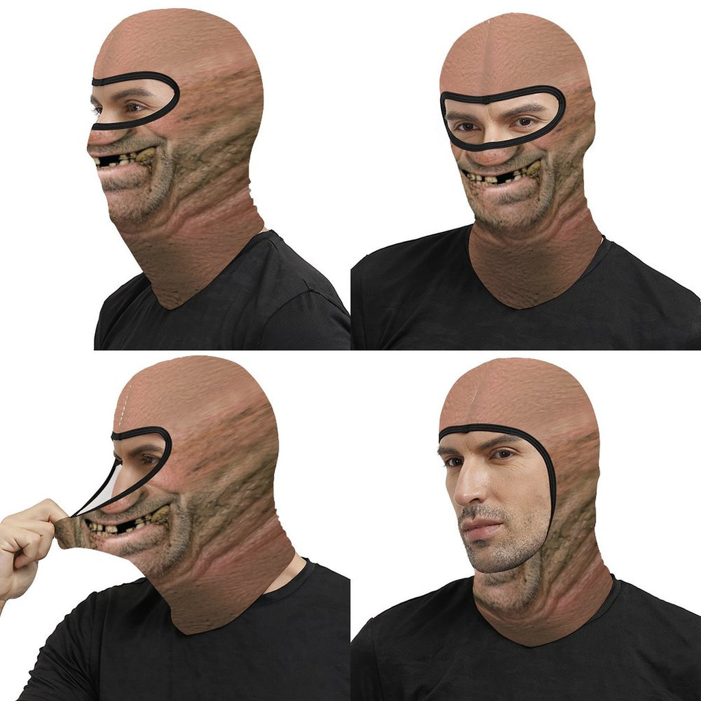 Toothless Tom funny face balaclava, printed gap-toothed grin, four views: side, three-quarter, stretched by hand and back