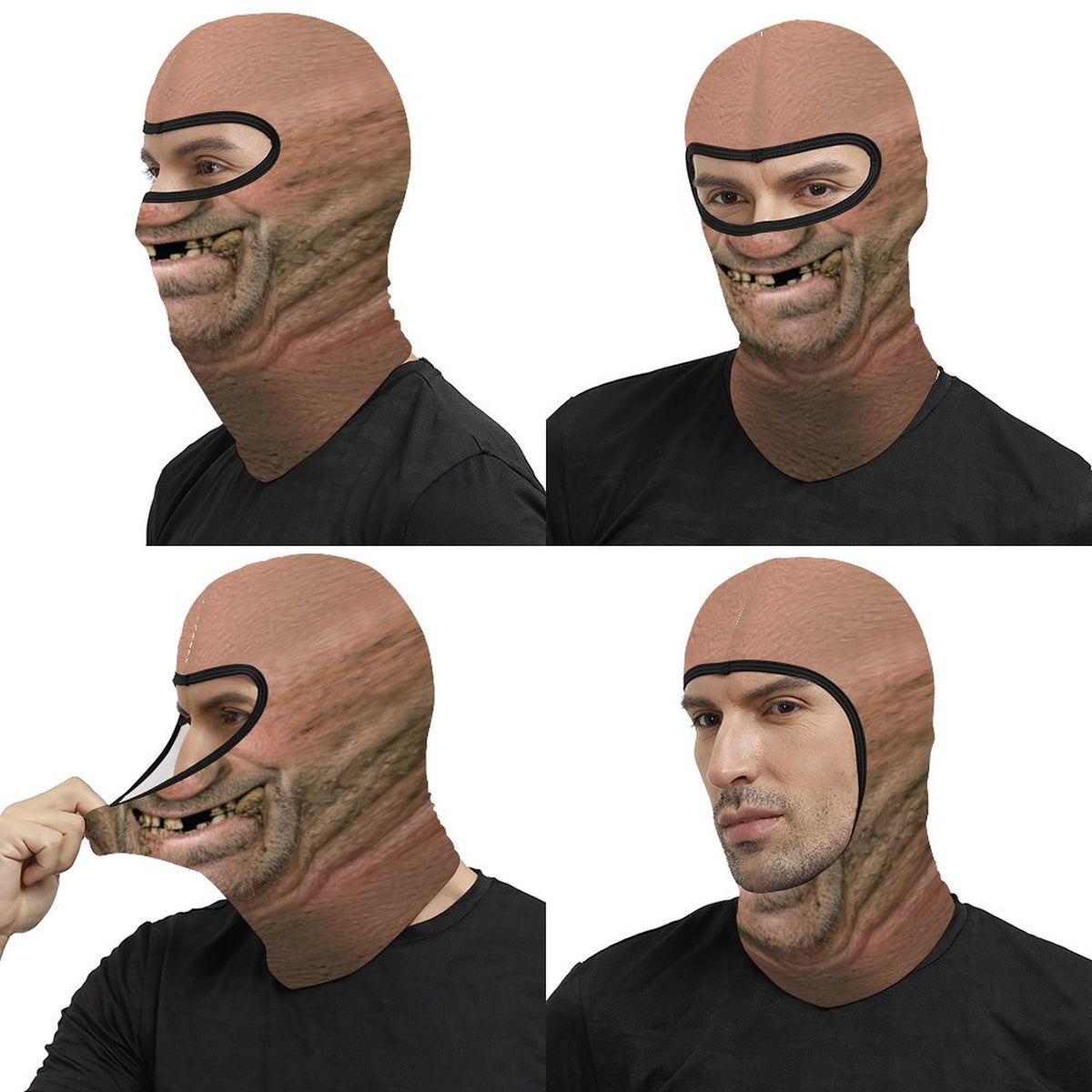 Toothless Tom funny face balaclava, printed gap-toothed grin, four views: side, three-quarter, stretched by hand and back