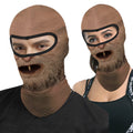 One Tooth Willie funny face balaclava, printed dropped jaw, one tooth and scruffy beard, close-up on a man and a woman wearing it, open eye band