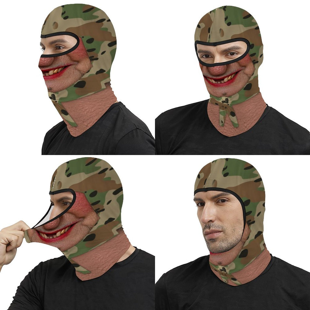Gold Tooth Granny funny face balaclava, printed camo head scarf, red lipstick and gold tooth, four views: side, three-quarter, stretched by hand and back