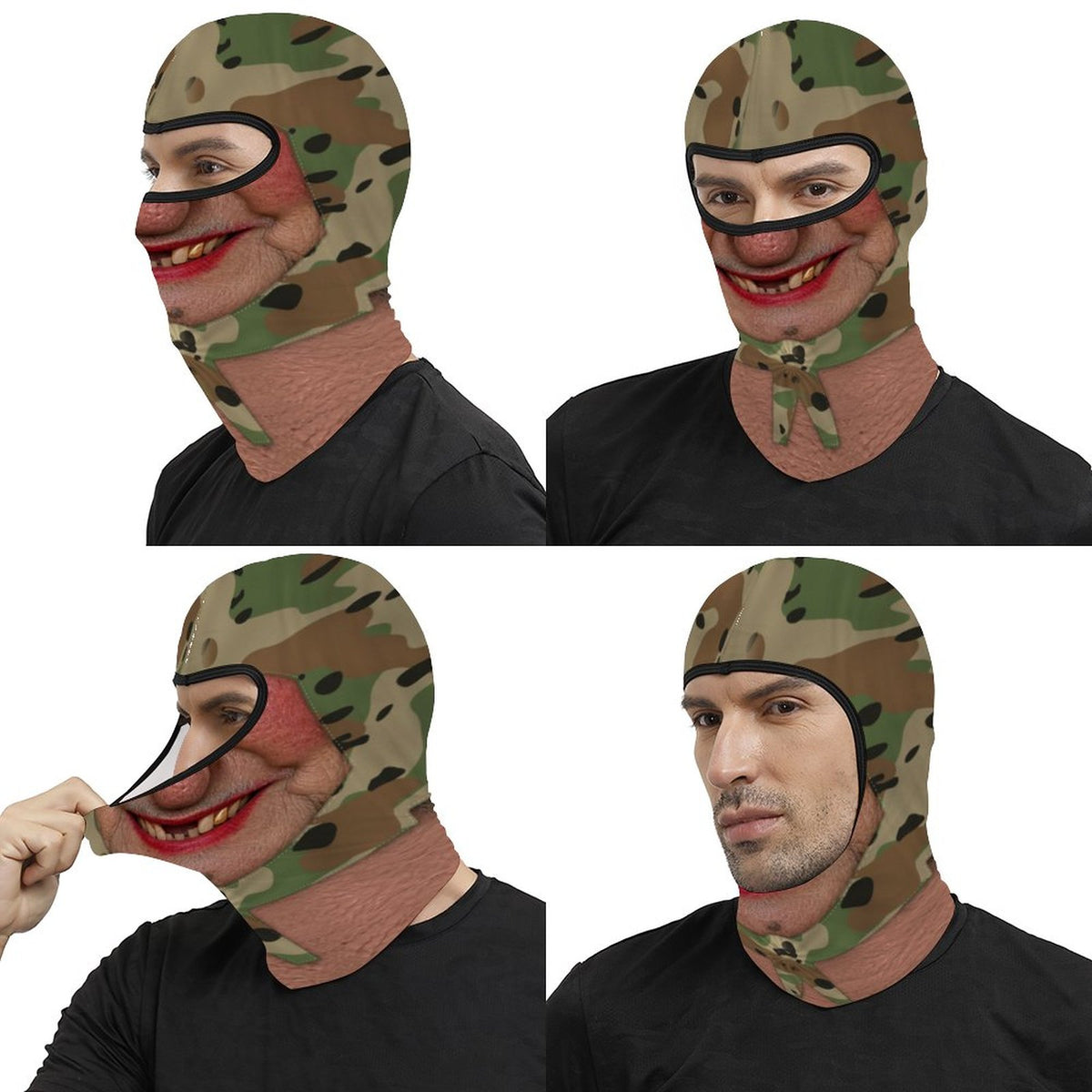 Gold Tooth Granny funny face balaclava, printed camo head scarf, red lipstick and gold tooth, four views: side, three-quarter, stretched by hand and back