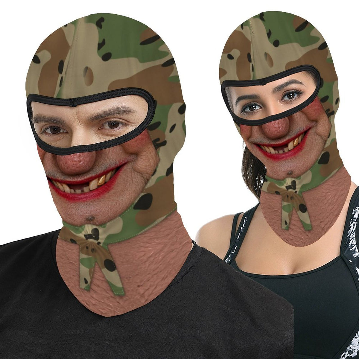Gold Tooth Granny funny face balaclava, printed camo head scarf, red lipstick and gold tooth, worn by a man and a woman, front view, real eyes visible through the open eye band