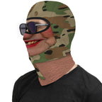 Gold Tooth Granny funny face balaclava, printed camo head scarf, red lipstick and gold tooth, worn with sunglasses, side profile