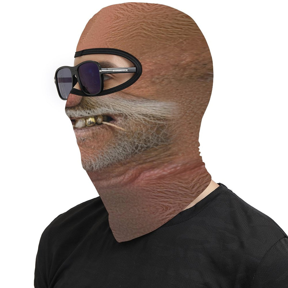 Big Stache Bubba funny face balaclava, printed white handlebar mustache and gold tooth, worn with sunglasses, side profile