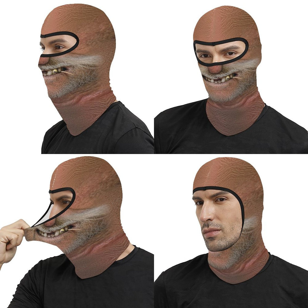 Big Stache Bubba funny face balaclava, printed white handlebar mustache and gold tooth, four views: side, three-quarter, stretched by hand and back