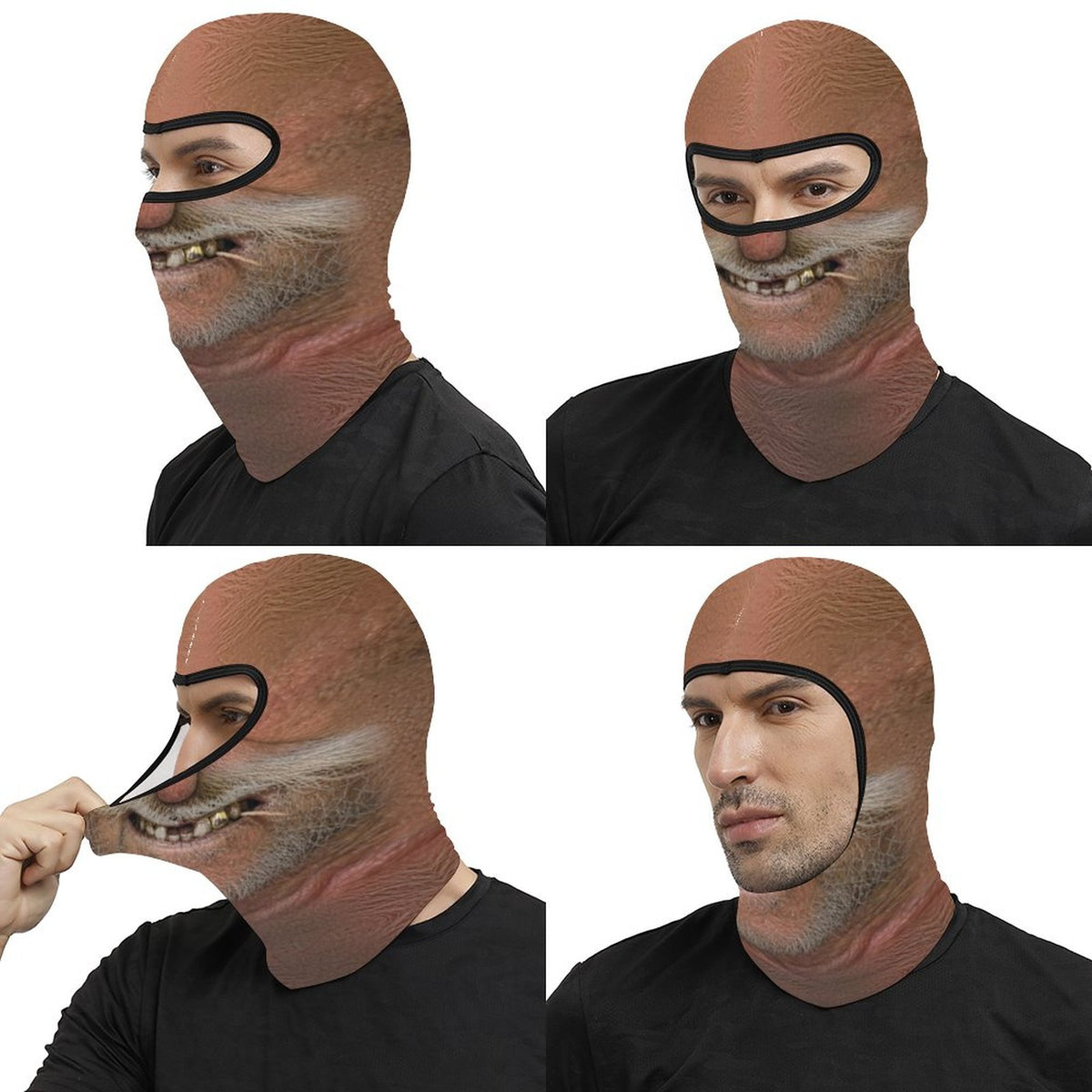 Big Stache Bubba funny face balaclava, printed white handlebar mustache and gold tooth, four views: side, three-quarter, stretched by hand and back