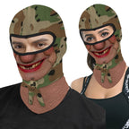 Gold Tooth Granny funny face balaclava, printed camo head scarf, red lipstick and gold tooth, close-up on a man and a woman wearing it, open eye band