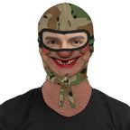 Gold Tooth Granny funny face balaclava, printed camo head scarf, red lipstick and gold tooth, worn by a man, front view, eyes visible through the open eye band