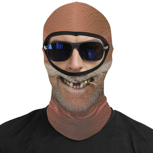 Big Stache Bubba funny face balaclava, printed white handlebar mustache and gold tooth, worn with blue sunglasses over the open eye band, front view