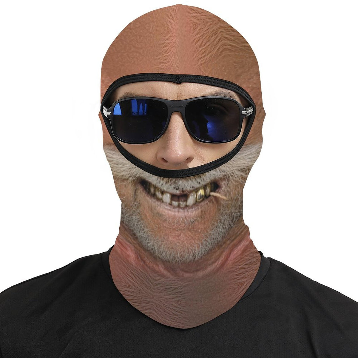 Big Stache Bubba funny face balaclava, printed white handlebar mustache and gold tooth, worn with blue sunglasses over the open eye band, front view