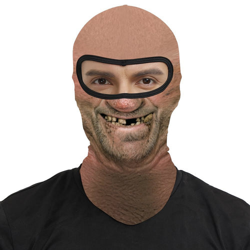 Toothless Tom funny face balaclava, printed gap-toothed grin, worn by a man, front view, eyes visible through the open eye band