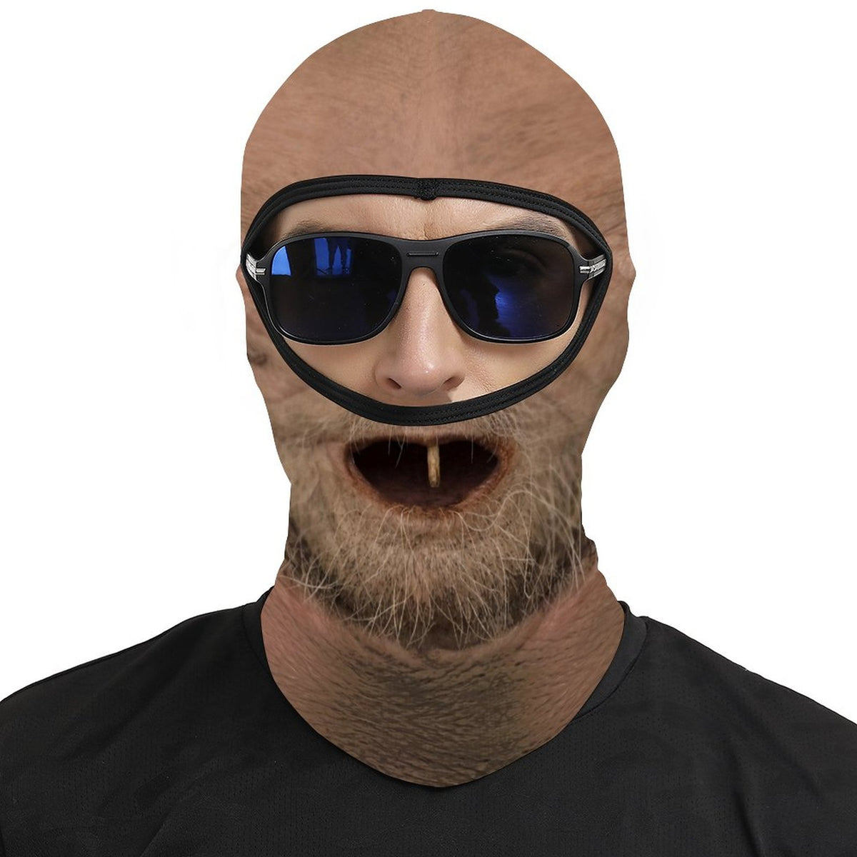One Tooth Willie funny face balaclava, printed dropped jaw, one tooth and scruffy beard, worn with blue sunglasses over the open eye band, front view