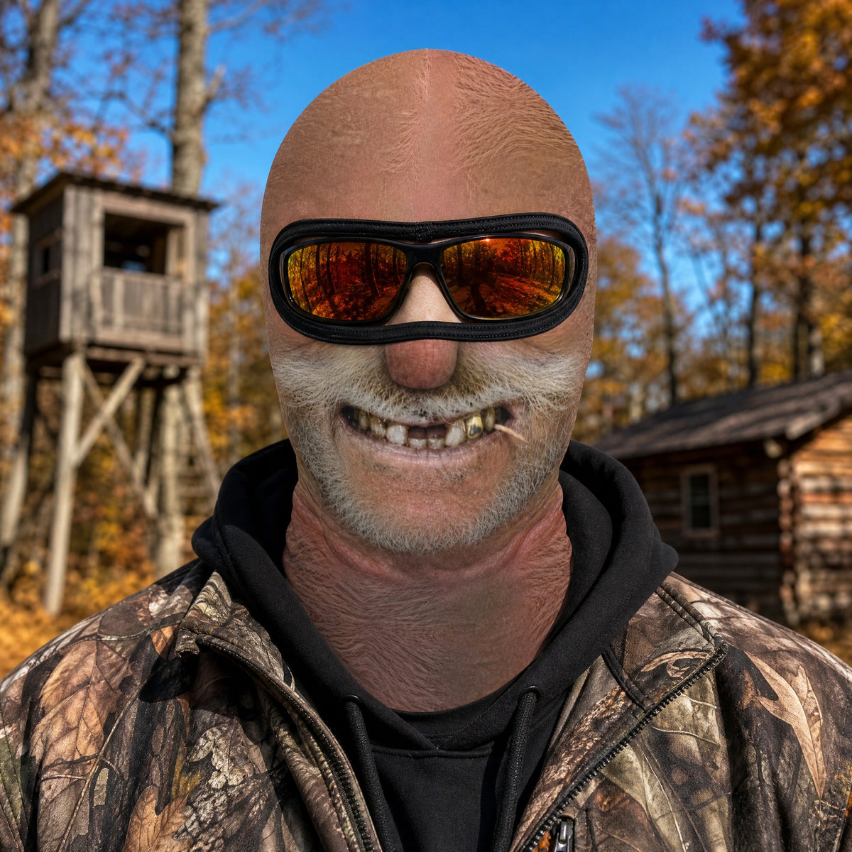 Big Stache Bubba funny face balaclava worn with orange mirror sunglasses at a hunting camp