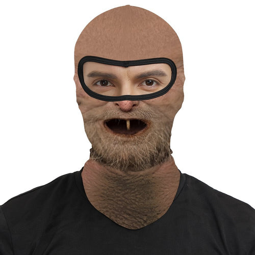 One Tooth Willie funny face balaclava, printed dropped jaw, one tooth and scruffy beard, worn by a man, front view, eyes visible through the open eye band