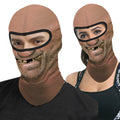 Toothless Tom funny face balaclava, printed gap-toothed grin, close-up on a man and a woman wearing it, open eye band
