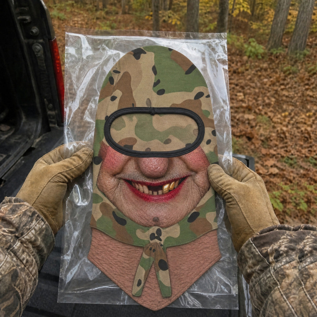 Gold Tooth Granny balaclava laid flat in a clear bag, held up with work gloves