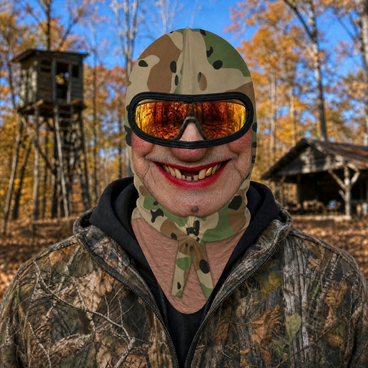 Man at a deer camp wearing the Gold Tooth Granny full face balaclava with orange hunting goggles