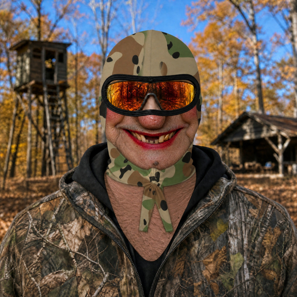 Gold Tooth Granny balaclava worn at a hunting camp in fall, camo scarf print and gold tooth grin