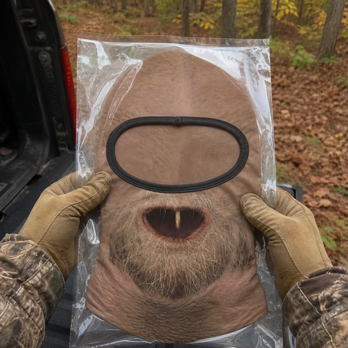 One Tooth Willie funny face balaclava laid flat in a clear bag, held up to show the full print