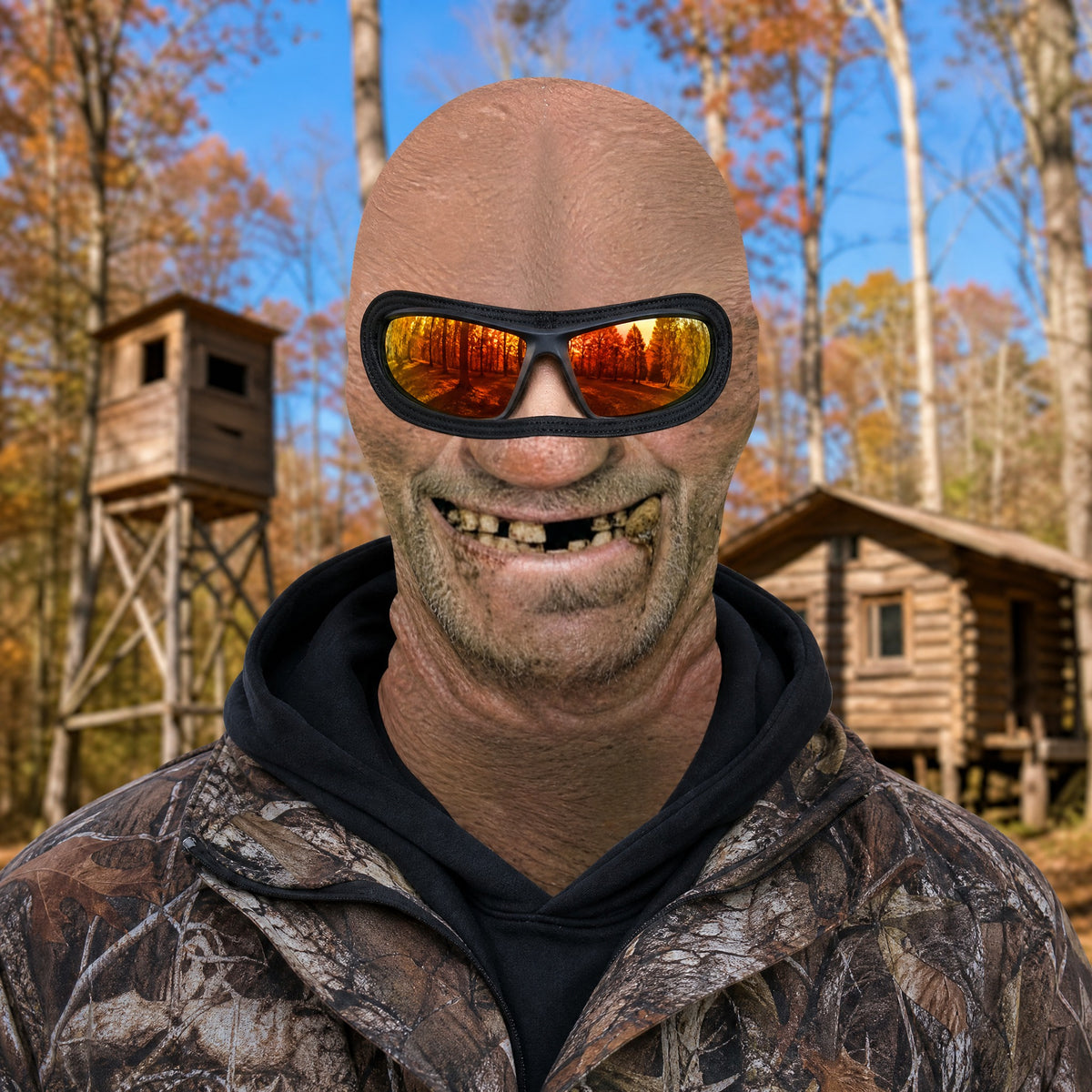 Toothless Tom funny face balaclava worn with orange mirror sunglasses at a hunting camp
